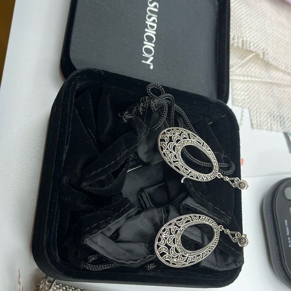 Vintage Suspicion 925 Sterling Silver Marcasite Filigree Drop Earrings - Picture 10 of 11